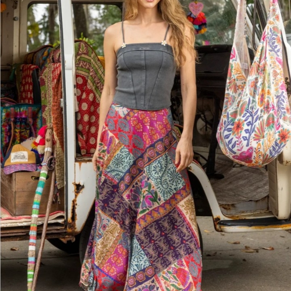 NATURAL LIFE Colorful Patchwork Side Slit Ginger Maxi Skirt